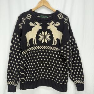 Embassy Row Vintage Nordic Moose Chunky Fisherman Sweater Size L Cotton Holioday